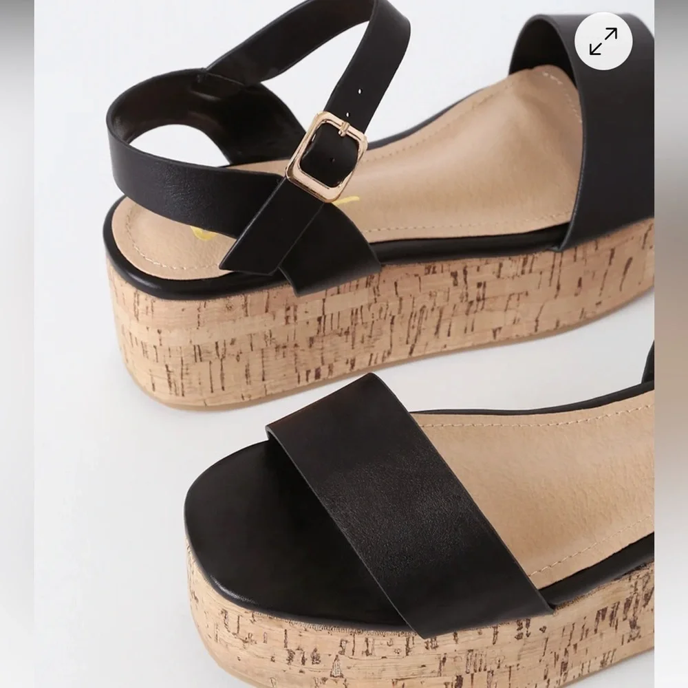 NIB Lulus Grecia Black Cork Wedge Sandals